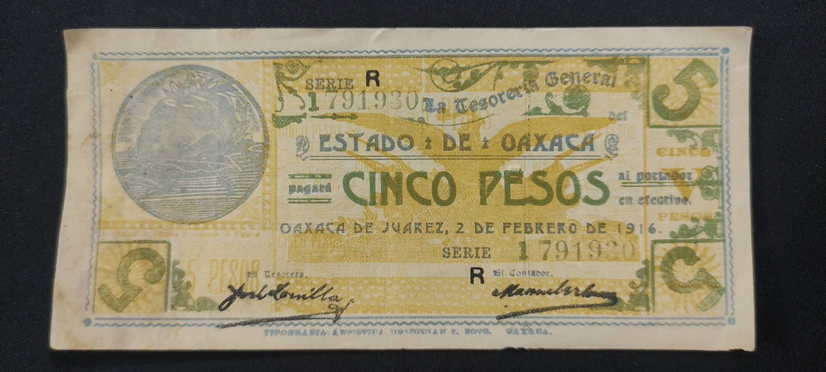 Billete 5 Pesos Tesoreria General Estado de Oaxaca 1916