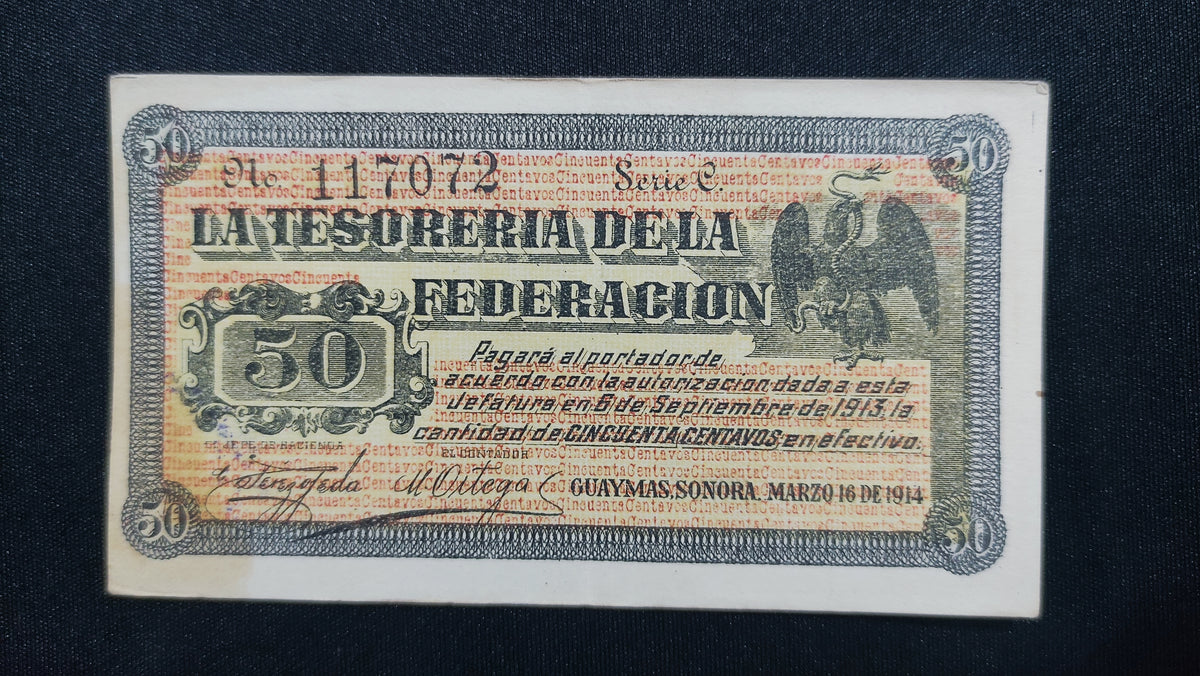 Billete 50 Centavos Tesoreria de la Federacion Guaymas Sonora 1914
