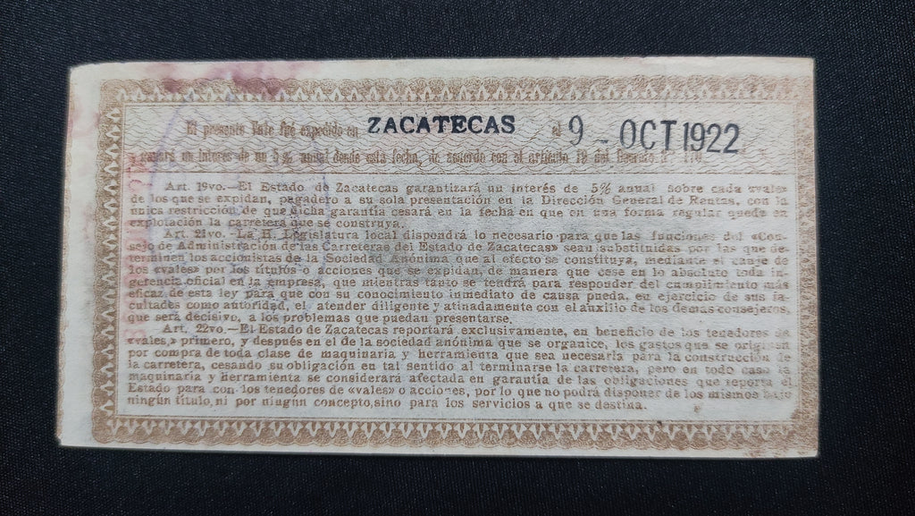 Billete Vale 10 Centavos Carreteras del Estado de Zacatecas Moyahua 1922 AU