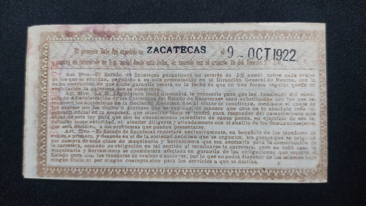 Billete Vale 10 Centavos Carreteras del Estado de Zacatecas Moyahua 1922 AU