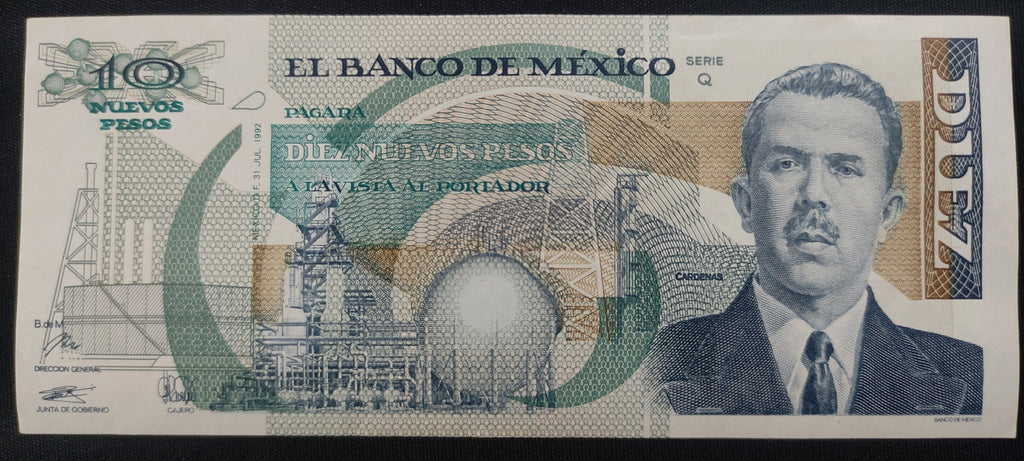 Billete 10 Nuevos Pesos Banco de Mexico 1992 Lazaro Cardenas Sin Circular UNC