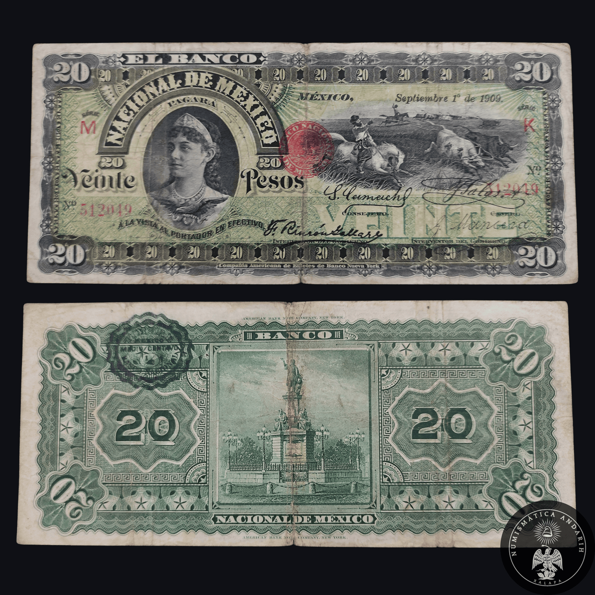 Billete 20 Veinte Pesos Banco Nacional de México 1909