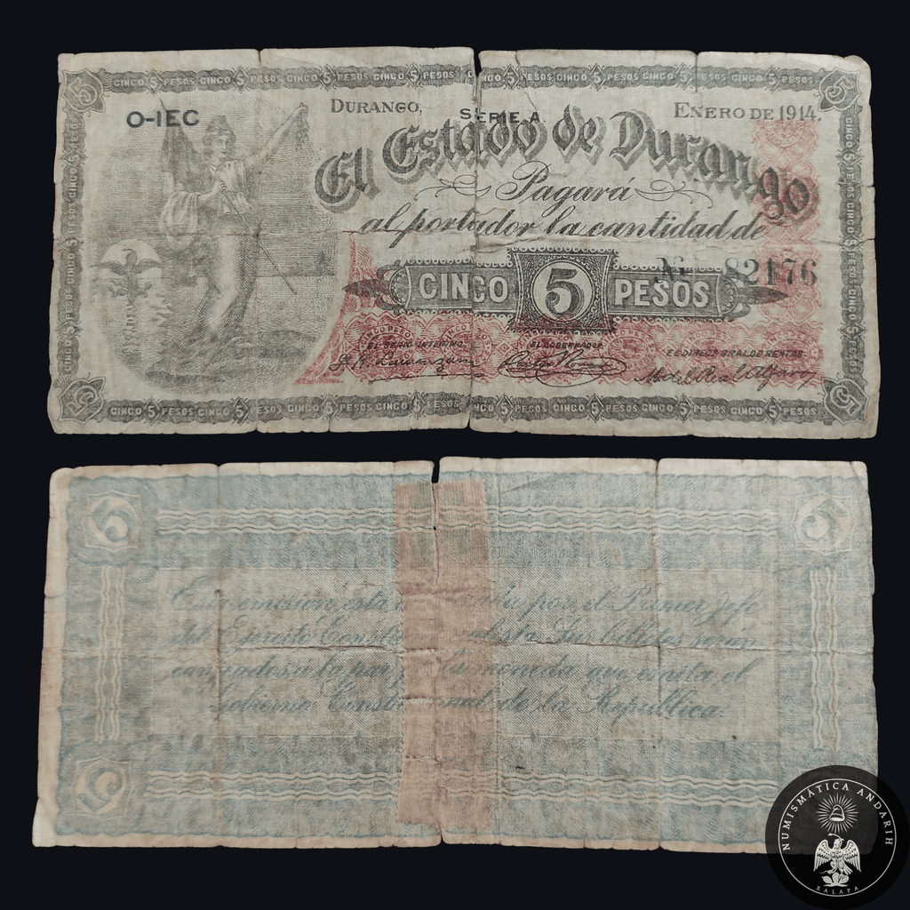 Billete 5 Cinco Pesos El Estado de Durango 1914 Restaurado
