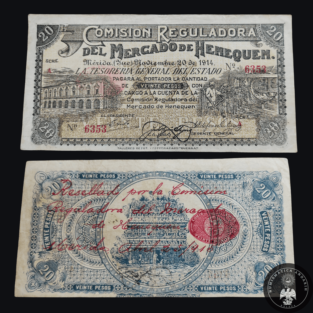 Billete 20 Veinte Pesos Comisión Reguladora del Mercado de Henequén Mérida Yucatán 1914