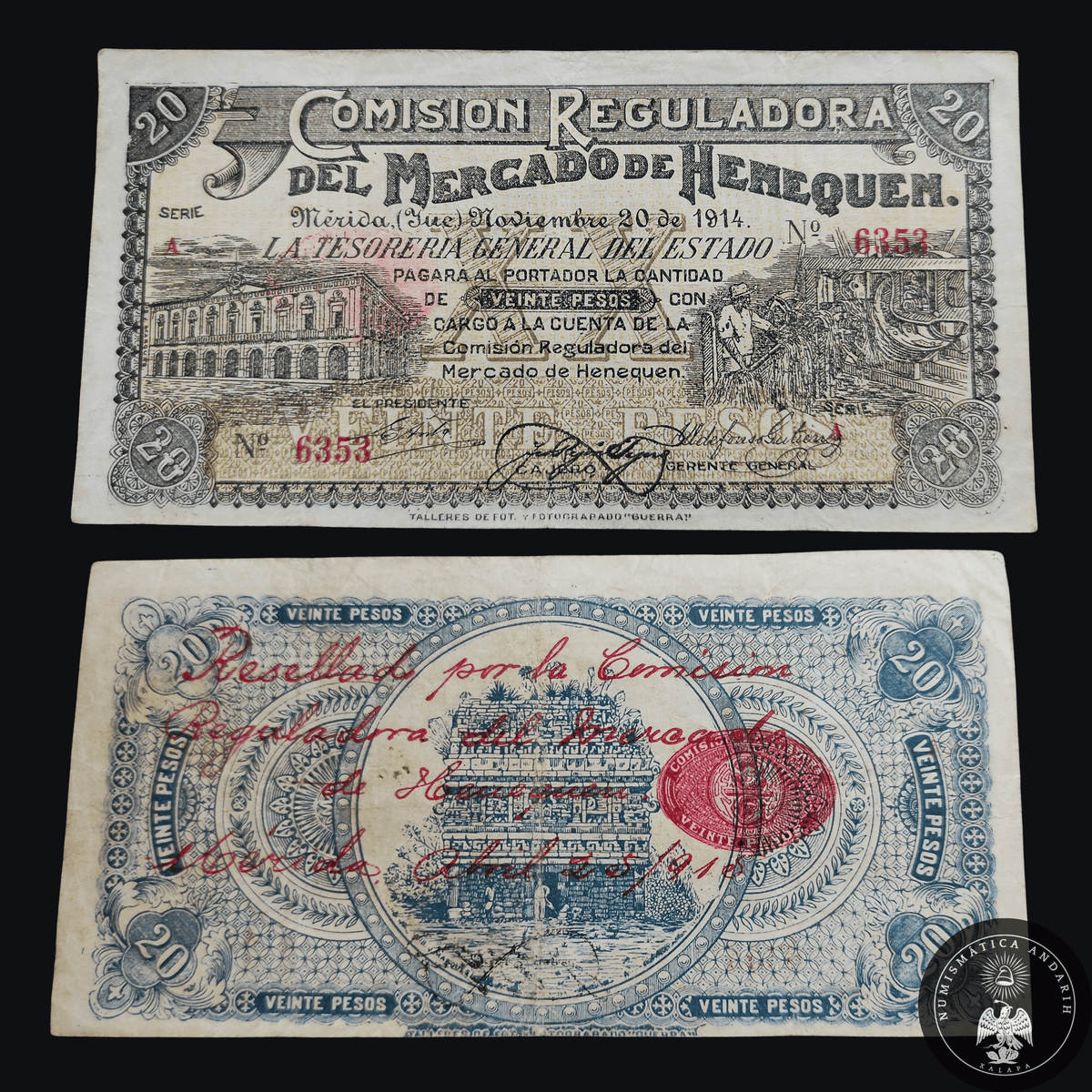 Billete 20 Veinte Pesos Comisión Reguladora del Mercado de Henequén Mérida Yucatán 1914
