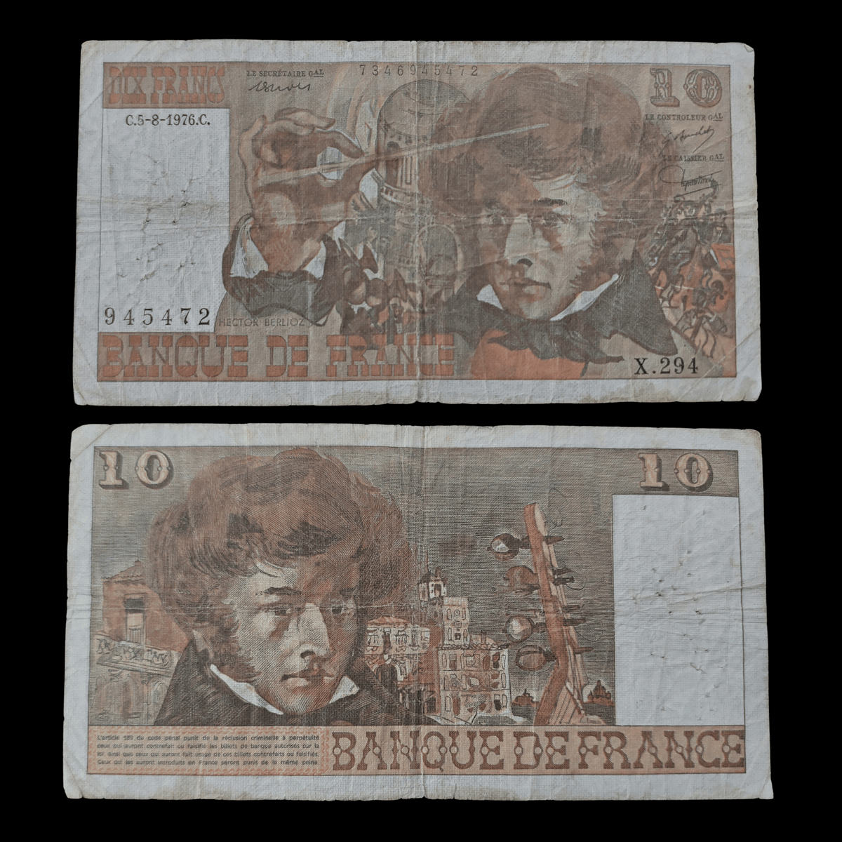 Billete Francia 10 Francs Año 1976 (Hector Berlioz)
