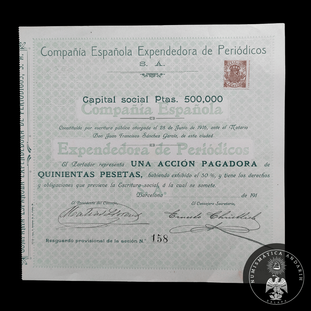 Acción Antigua de la Compañía Española Expendedora de Periódicos