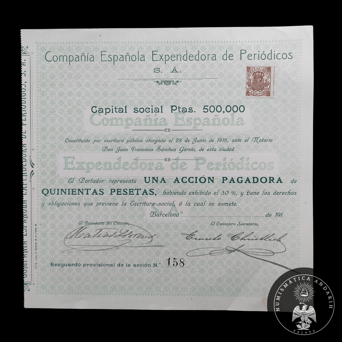 Acción Antigua de la Compañía Española Expendedora de Periódicos