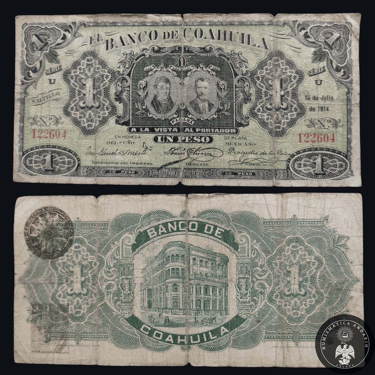 Billete 1 Un Peso El Banco de Coahuila Saltillo 1914