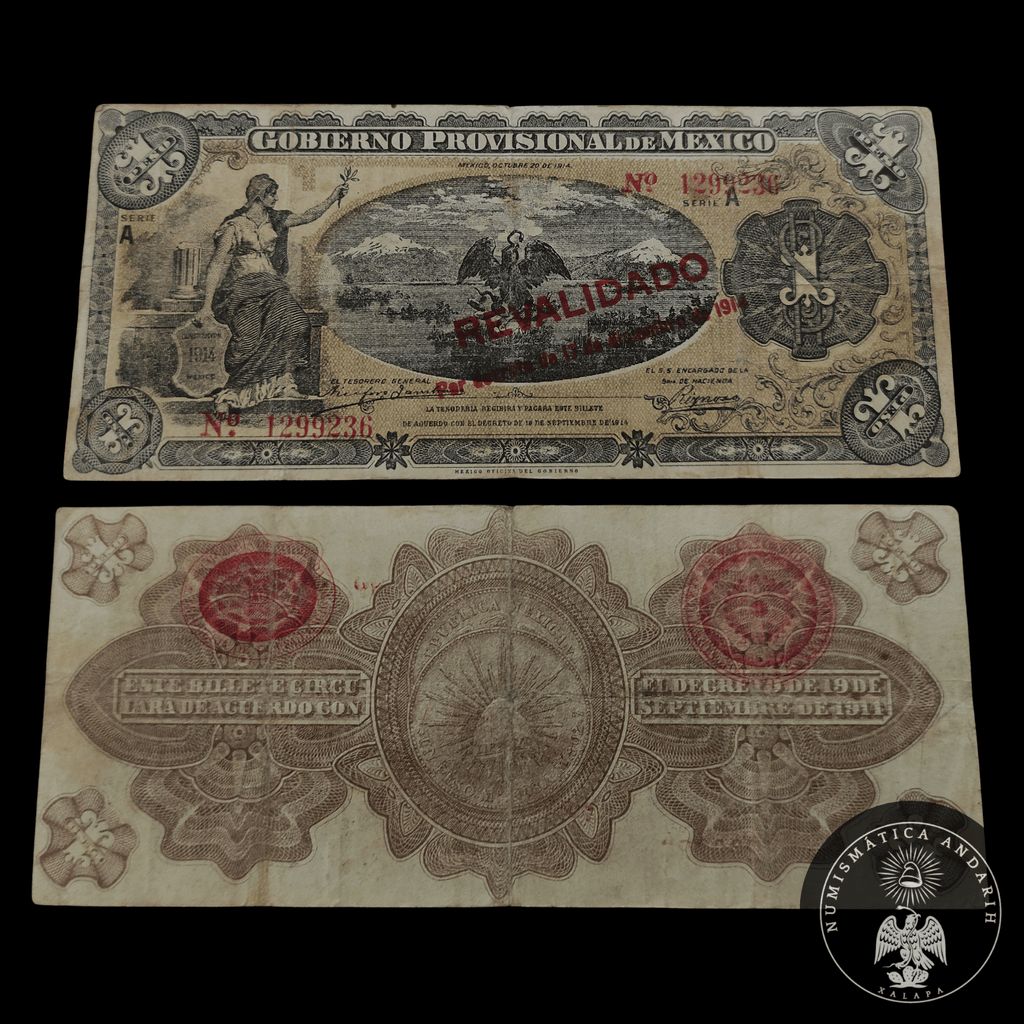 Billete Gobierno Provisional de México Un Peso Resellado Revalidado 1914