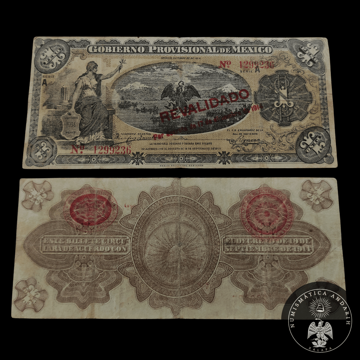 Billete Gobierno Provisional de México Un Peso Resellado Revalidado 1914