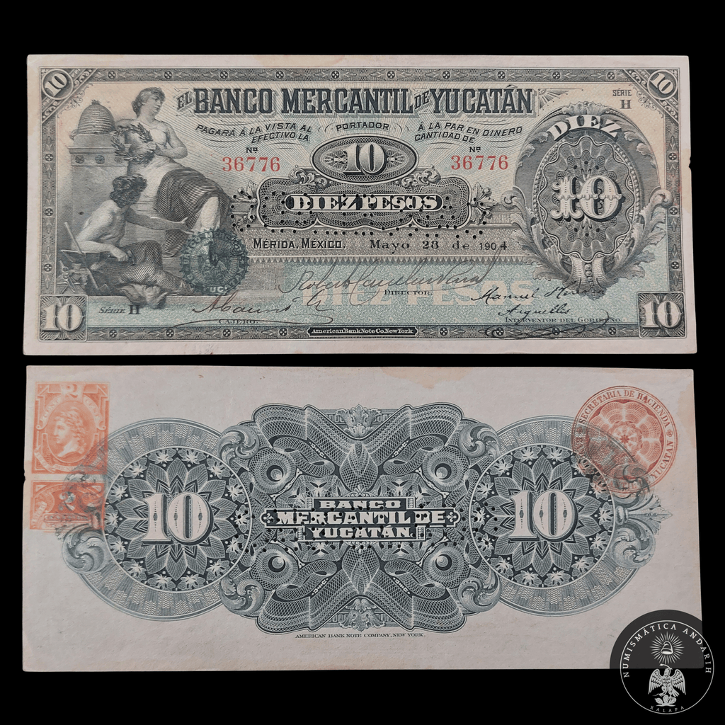 Billete 10 Diez Pesos El Banco Mercantil de Yucatán 1904 Cancelado