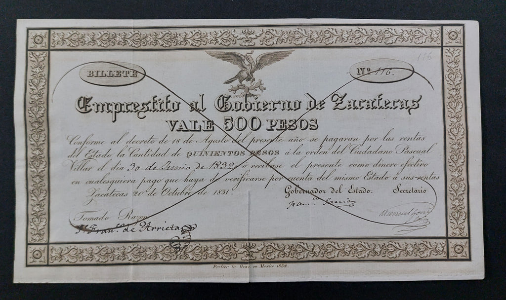 Rarísimo Vale Empréstito Gobierno de Zacatecas 500 Pesos Año 1831