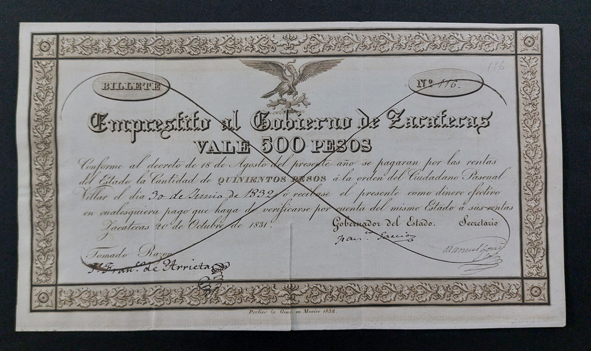 Rarísimo Vale Empréstito Gobierno de Zacatecas 500 Pesos Año 1831