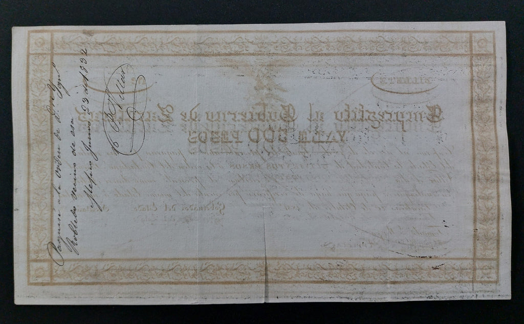 Rarísimo Vale Empréstito Gobierno de Zacatecas 500 Pesos Año 1831