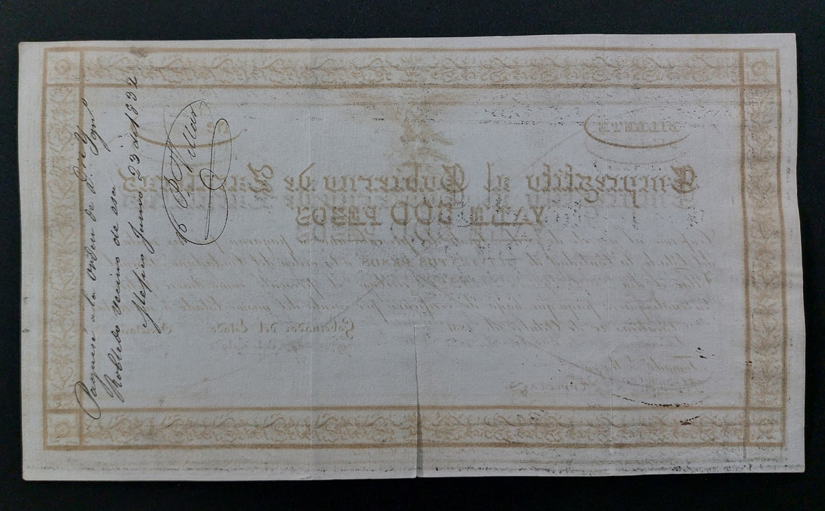 Rarísimo Vale Empréstito Gobierno de Zacatecas 500 Pesos Año 1831