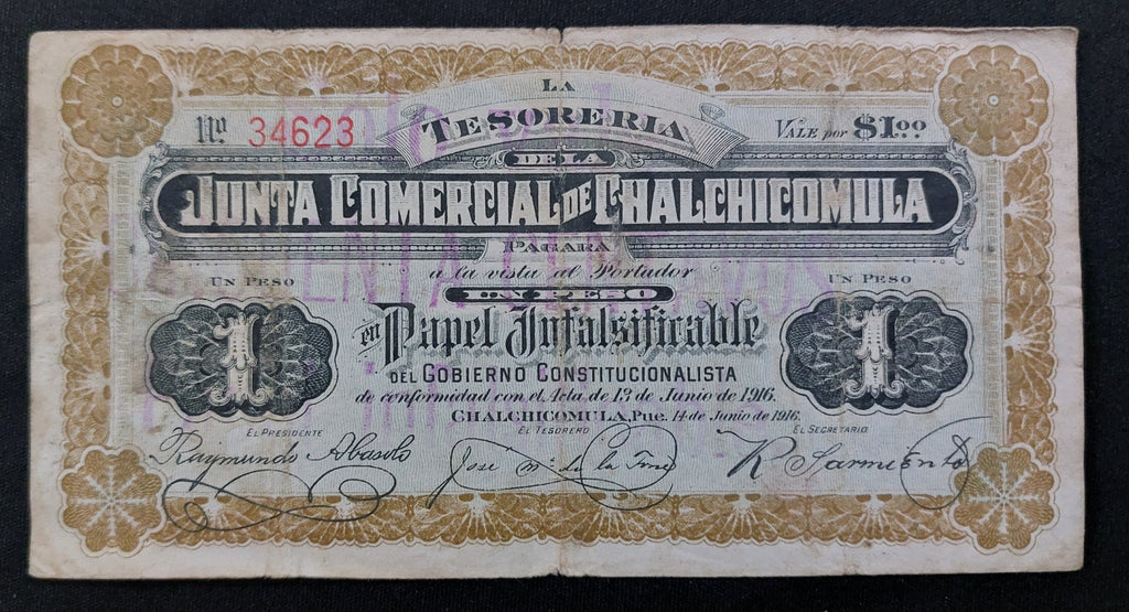 Billete 1 Peso Chalchicomula Puebla 1916 Junta Comercial