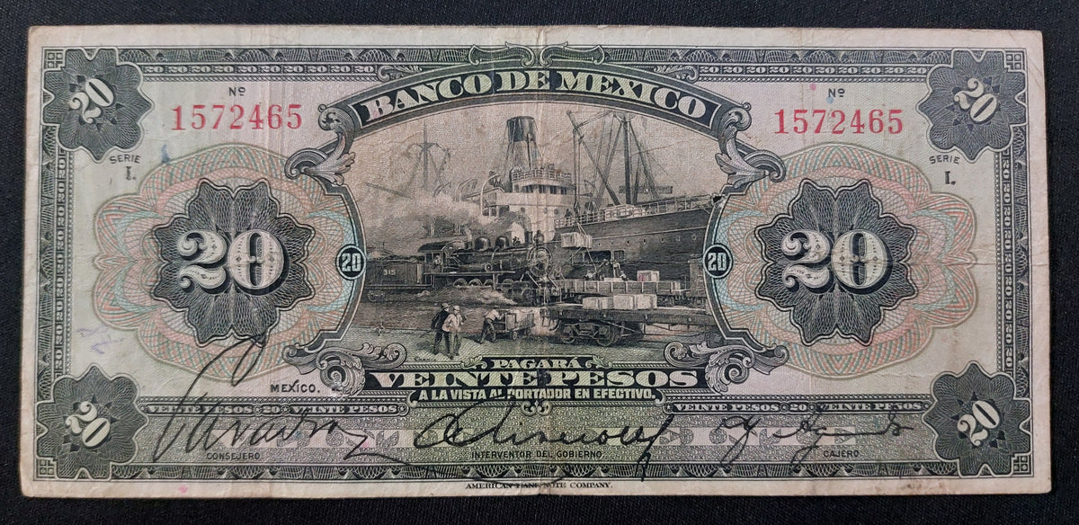 Billete 20 Pesos Banco de México Buque y Tren