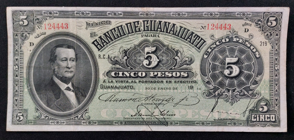 Billete 5 Pesos El Banco de Guanajuato 1914