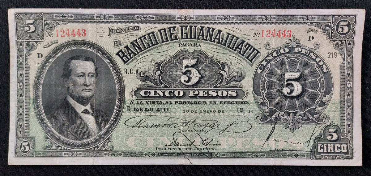 Billete 5 Pesos El Banco de Guanajuato 1914