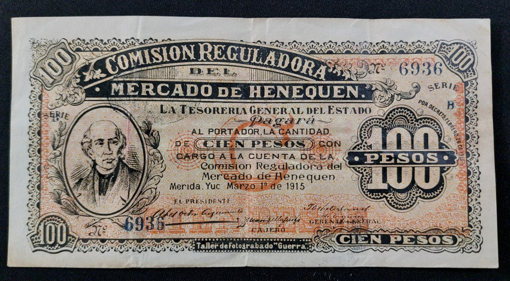 Billete 100 Pesos Comisión Reguladora del Mercado de Henequén Mérida Yucatán 1915