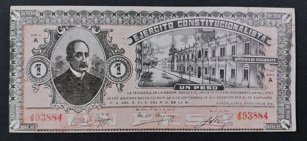 Billete 1 Un Peso Ejército Constitucionalista División de Occidente Guadalajara 1915