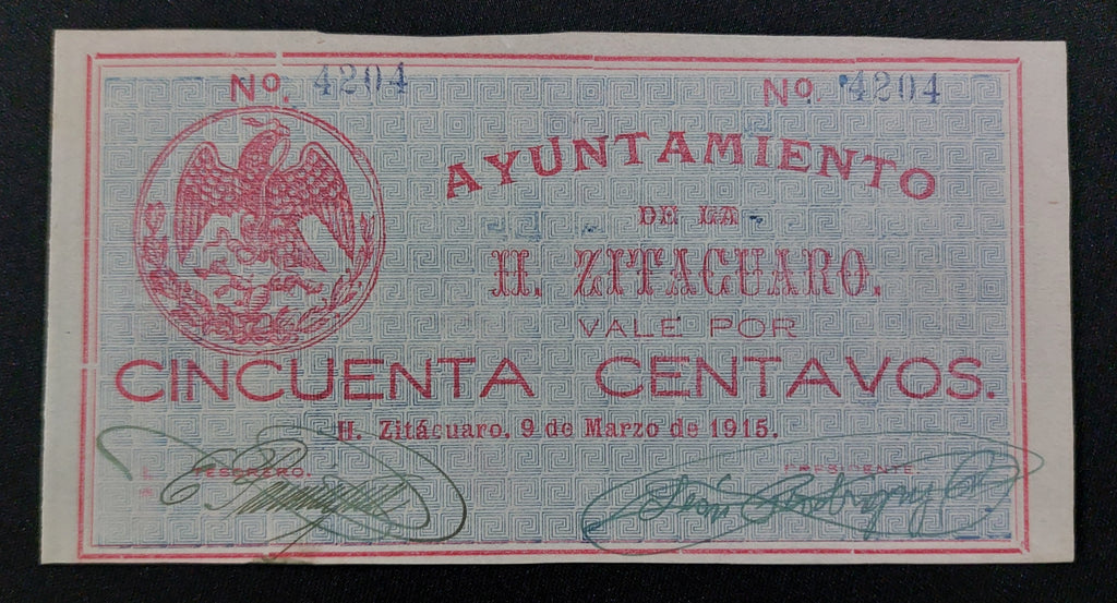 Billete 50 Centavos H. Ayuntamiento de H. Zitácuaro Michoacán 1915 UNC