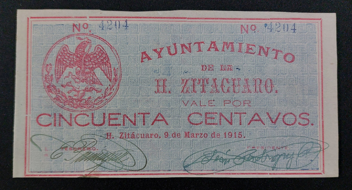 Billete 50 Centavos H. Ayuntamiento de H. Zitácuaro Michoacán 1915 UNC