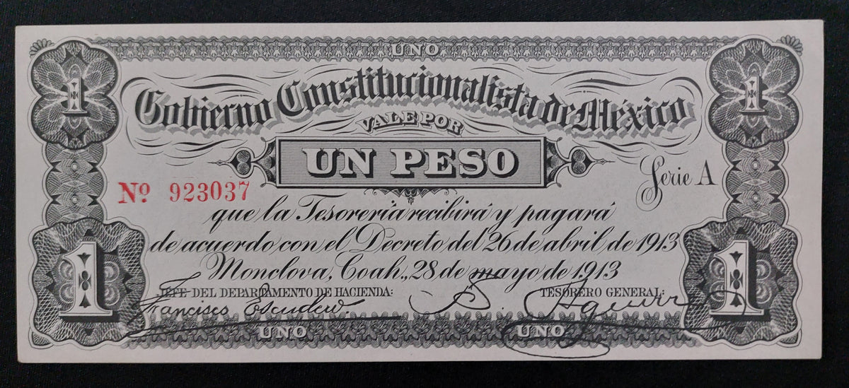 Billete 1 Un Peso Gobierno Constitucionalista de México Monclova Coahuila 1913 Sin Circular UNC