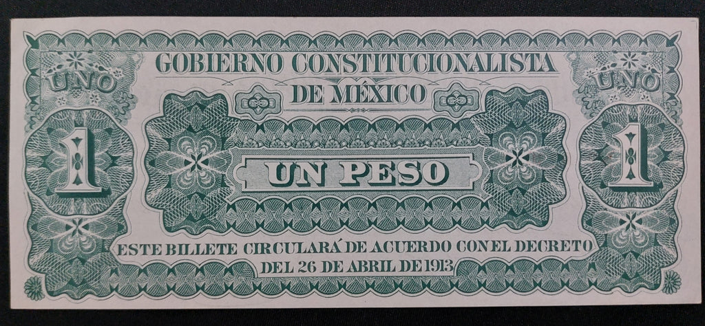 Billete 1 Un Peso Gobierno Constitucionalista de México Monclova Coahuila 1913 Sin Circular UNC