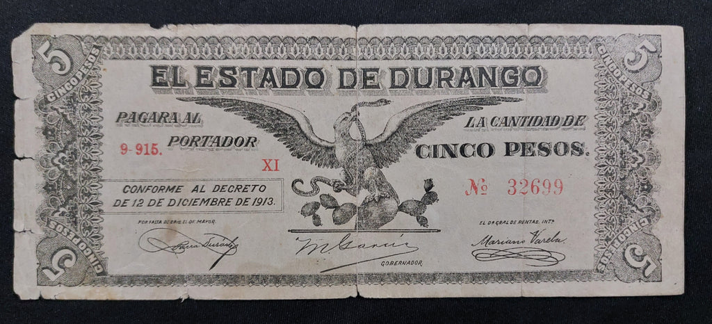 Billete 5 Cinco Pesos El Estado de Durango 1913