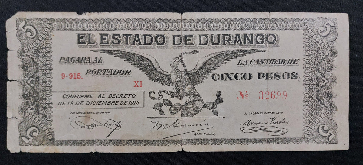 Billete 5 Cinco Pesos El Estado de Durango 1913