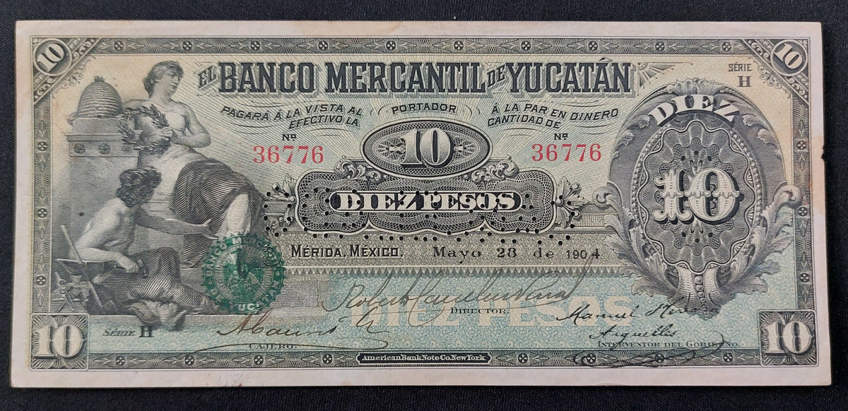 Billete 10 Diez Pesos El Banco Mercantil de Yucatán 1904 Cancelado
