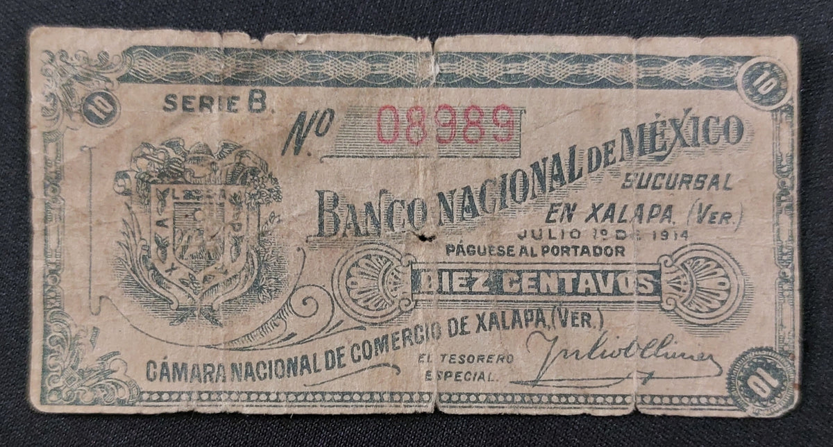 Billete 10 Diez Centavos Banco Nacional de México Sucursal en Xalapa Ver. 1914