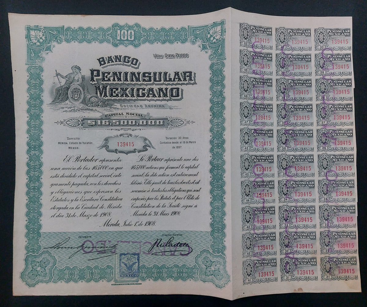 Acción Antigua del Banco Peninsular Mexicano Merida, Yucatan año 1908
