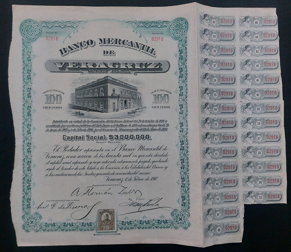 Acción Antigua del Banco Mercantil de Veracruz año 1910