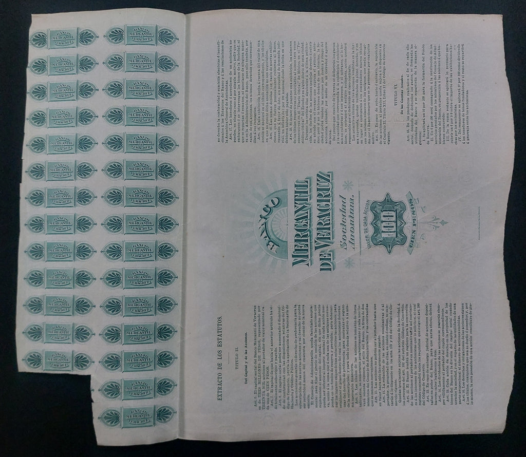 Acción Antigua del Banco Mercantil de Veracruz año 1910