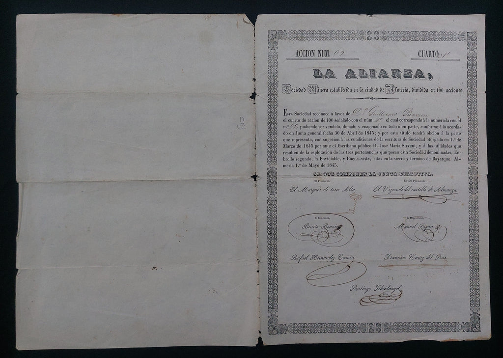 Acción Antigua de la Sociedad Minera "La Alianza" (Almería) año 1845