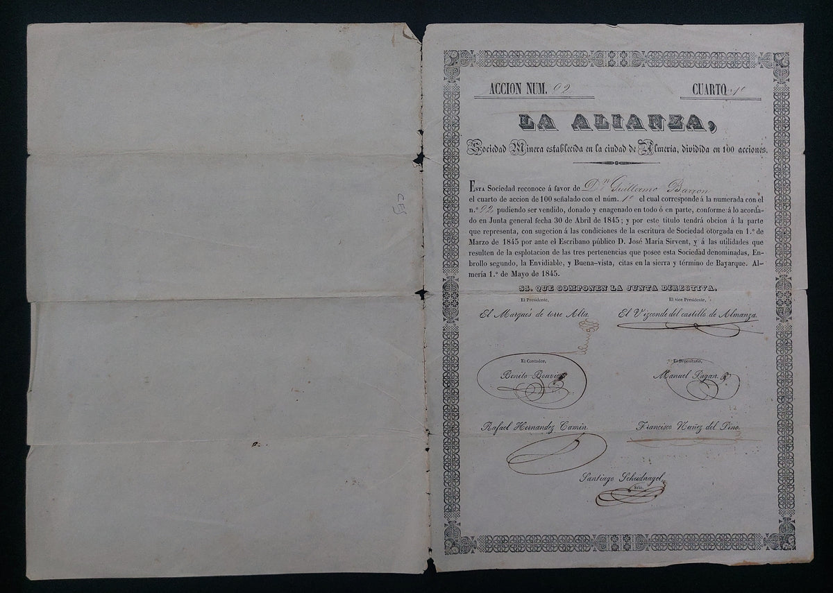 Acción Antigua de la Sociedad Minera "La Alianza" (Almería) año 1845
