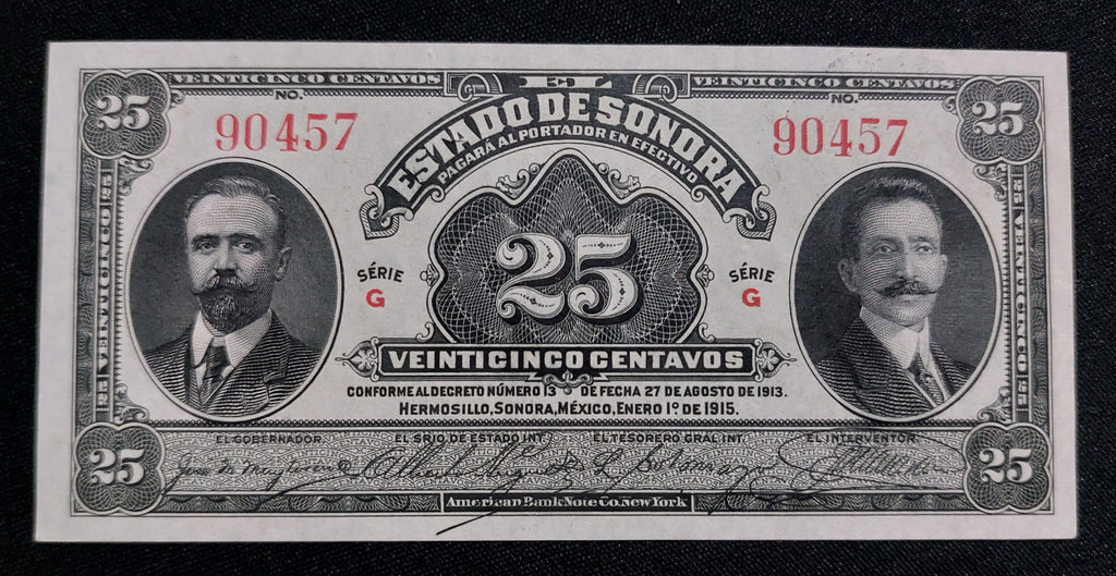 Billete 25 Centavos del Estado de Sonora 1915 Sin Circular UNC