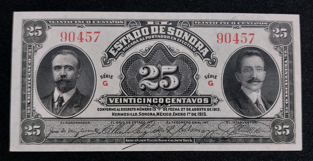 Billete 25 Centavos del Estado de Sonora 1915 Sin Circular UNC