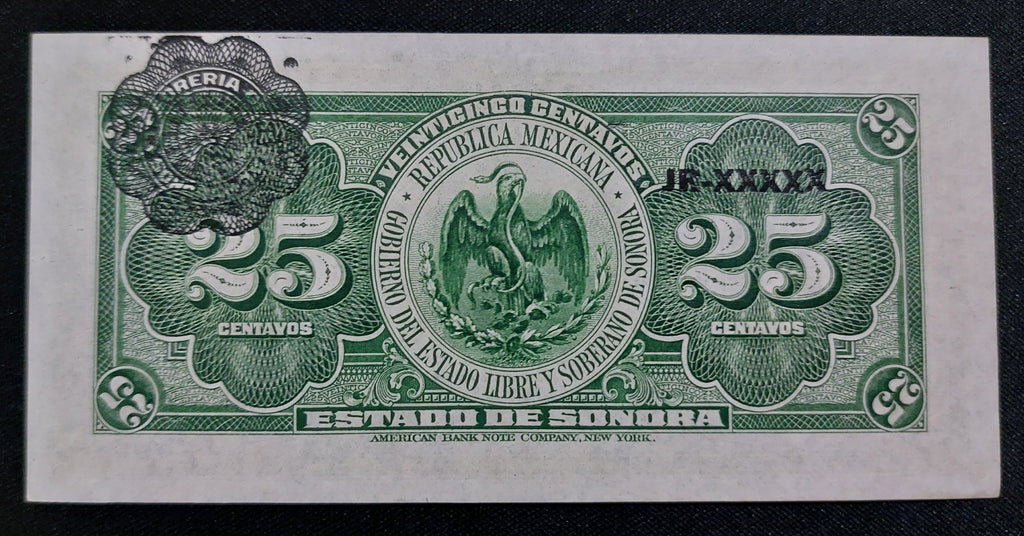 Billete 25 Centavos del Estado de Sonora 1915 Sin Circular UNC