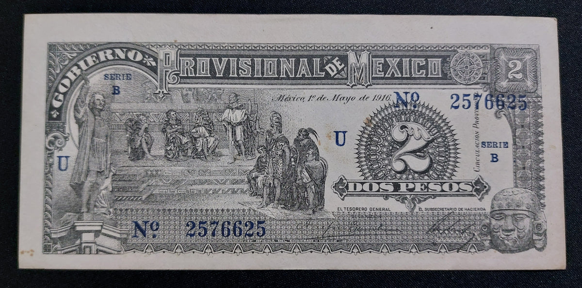 Billete 2 Pesos Gobierno Provisional de México 1916 Sin Circular UNC