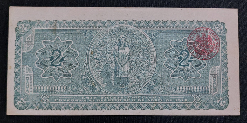 Billete 2 Pesos Gobierno Provisional de México 1916 Sin Circular UNC