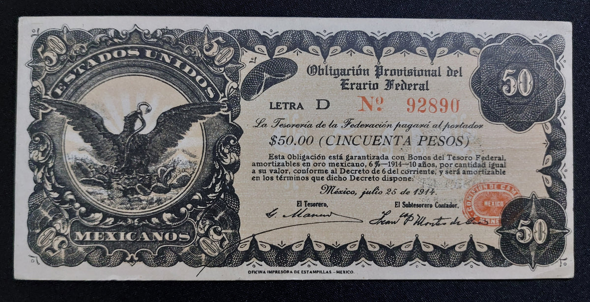 Billete 50 Pesos Obligación del Erario Federal 1914 Casi sin Circular AU