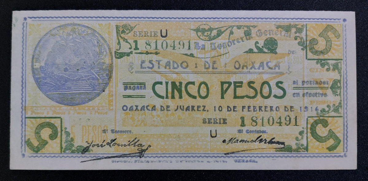 Billete 5 Pesos del Estado de Oaxaca 1916 Sin Circular UNC