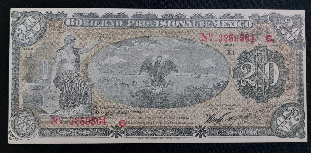 Billete 20 Pesos Gobierno Provisional de México (Emisión Veracruz 1914) Sin Curcular UNC
