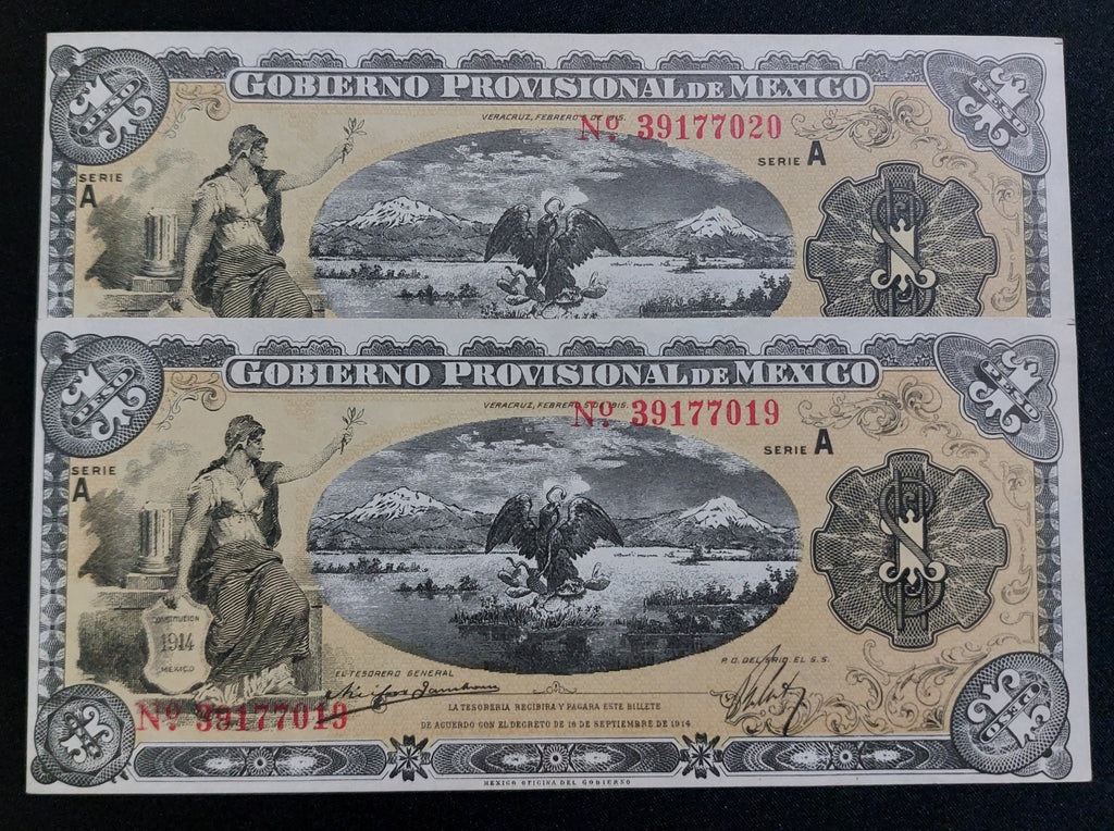 Par Consecutivo Billetes 1 Peso Gobierno Provisional Veracruz 1915 Sin Circular UNC