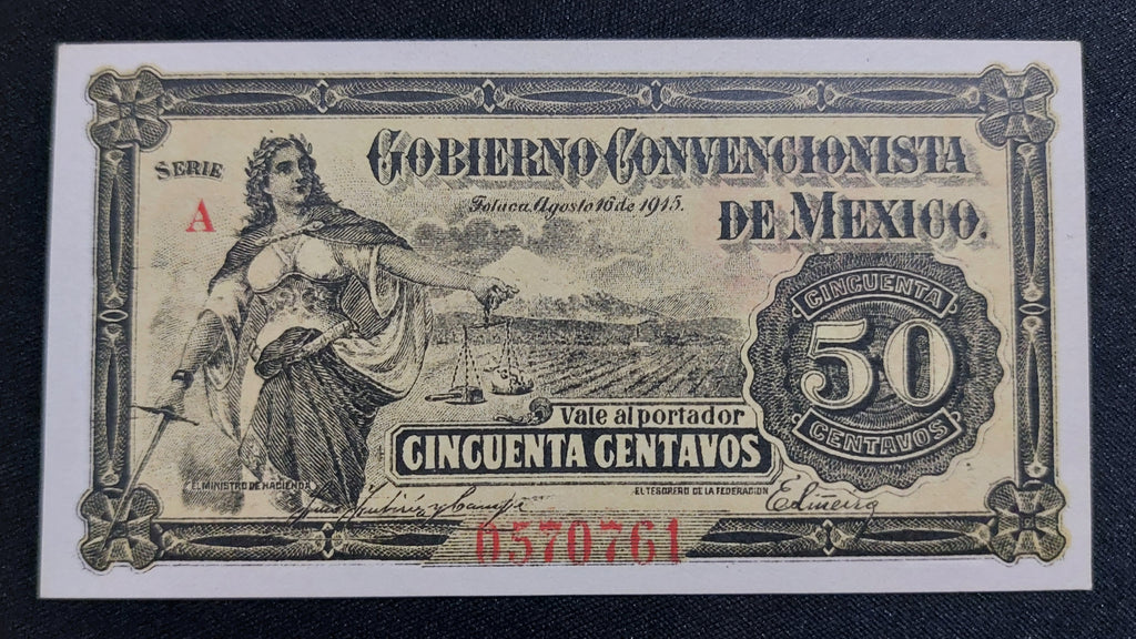 Billete 50 Centavos Gobierno Convencionista de México Toluca 1915 Sin Circular UNC