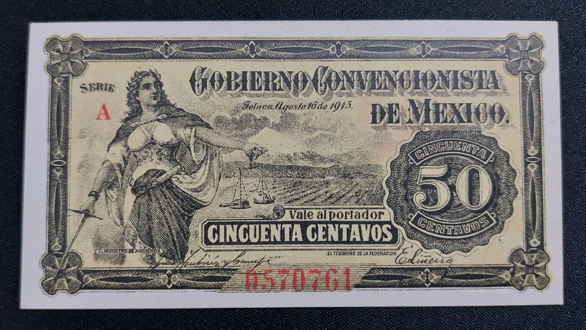Billete 50 Centavos Gobierno Convencionista de México Toluca 1915 Sin Circular UNC